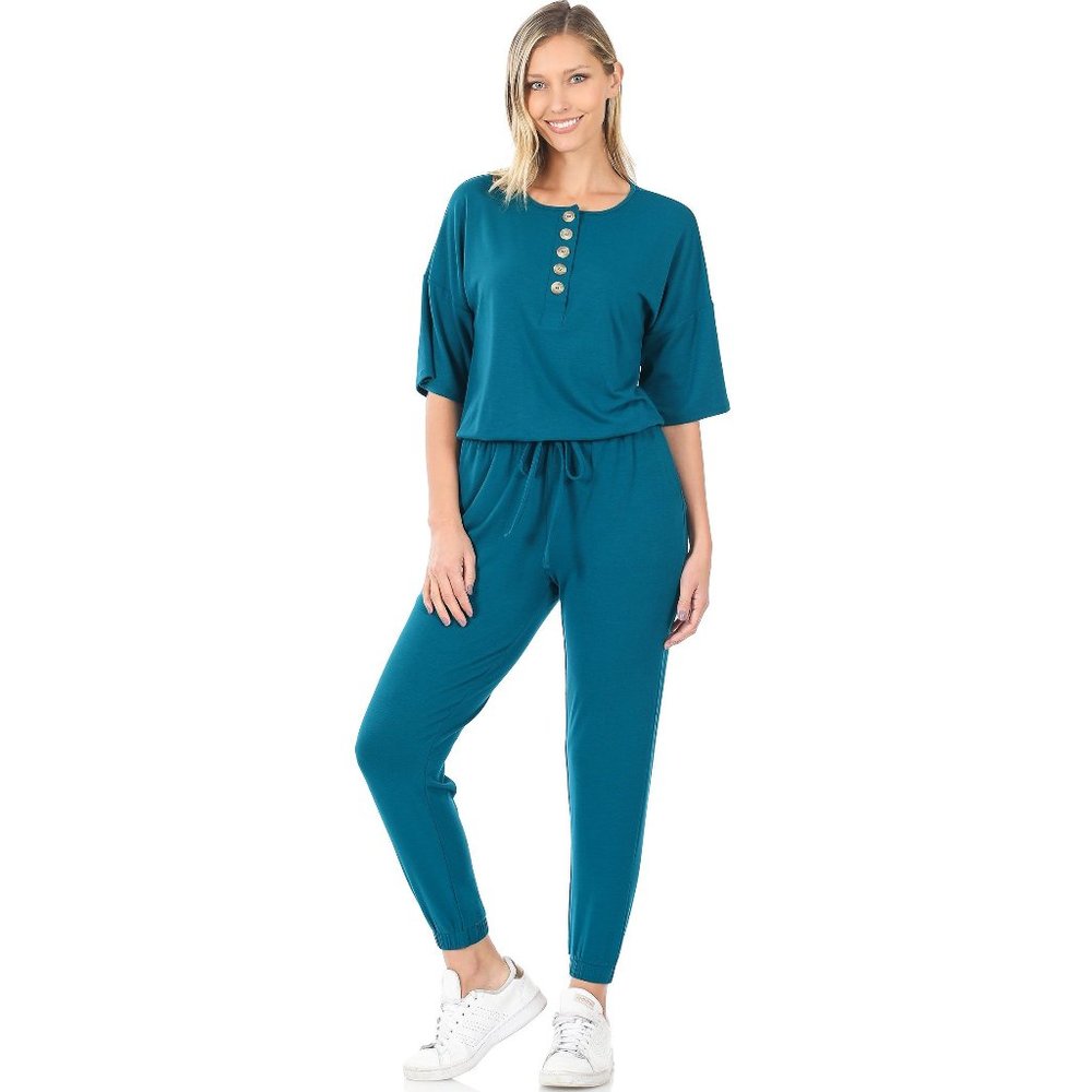 Women's Sporty Chic Casual Jumper Elastic Waistband & Top Buttons Teal